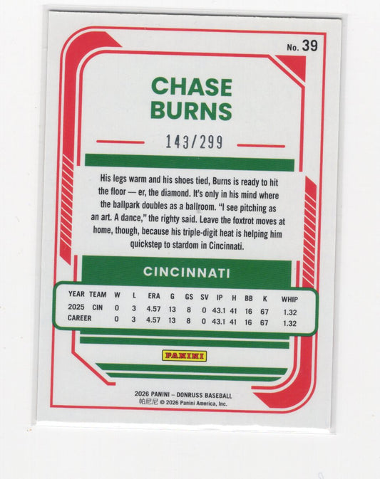 2026 Donruss Chase Burns Card Orange Laser SN, Rookie Cincinnati Reds #39
