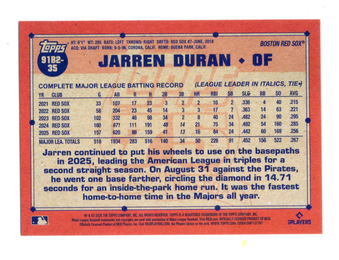 2026 Topps Jarren Duran Card 1991 Boston Red Sox #560