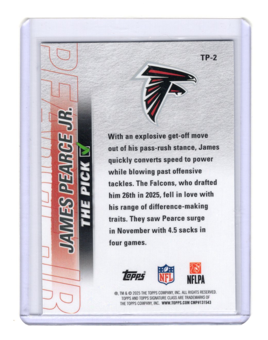 2025 Topps Signature Class James Pearce Jr. Card The Pick Atlanta Falcons #TP-2