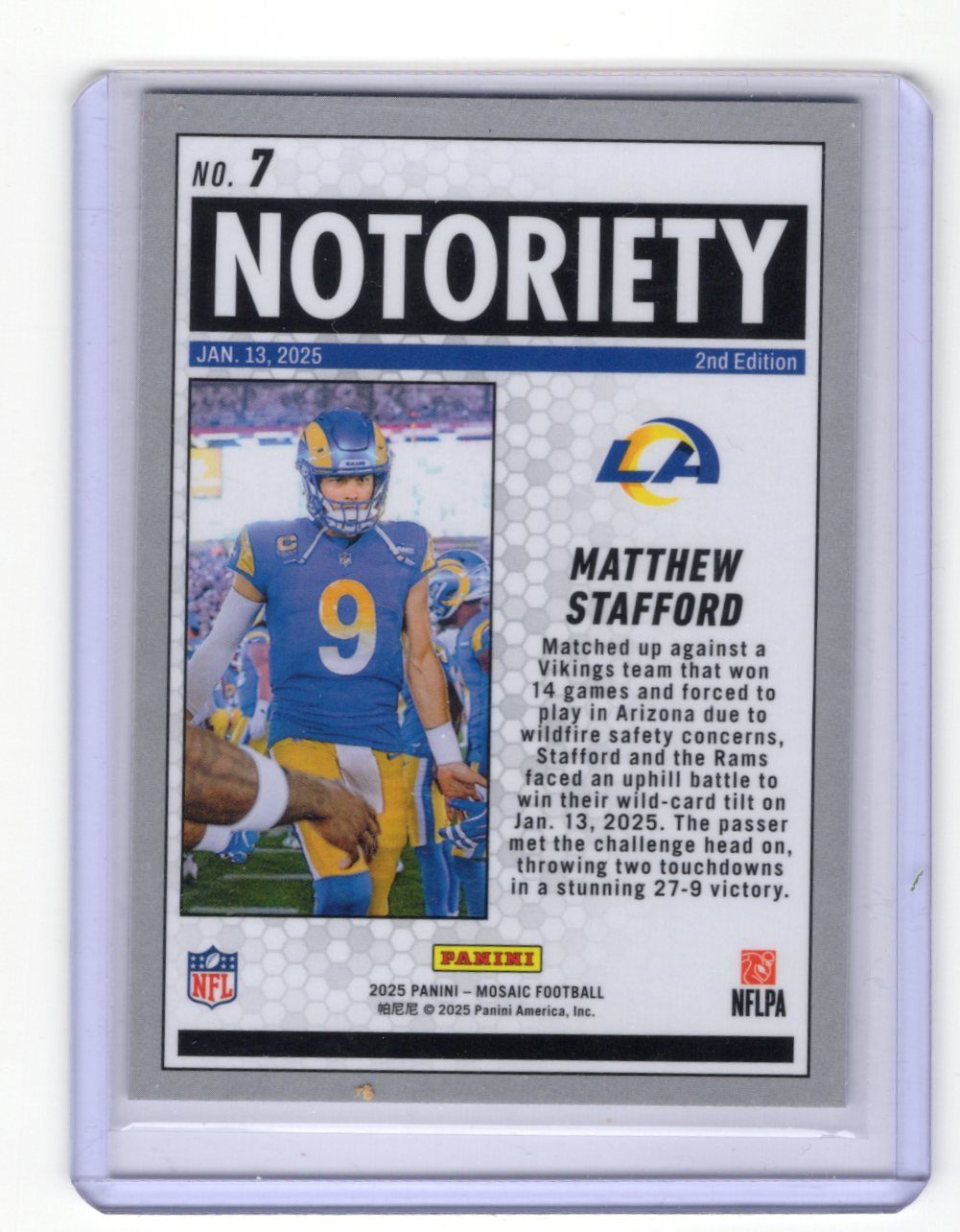 2025 Panini Mosaic Matthew Stafford Card Notoriety Mosaic Los Angeles Rams #7
