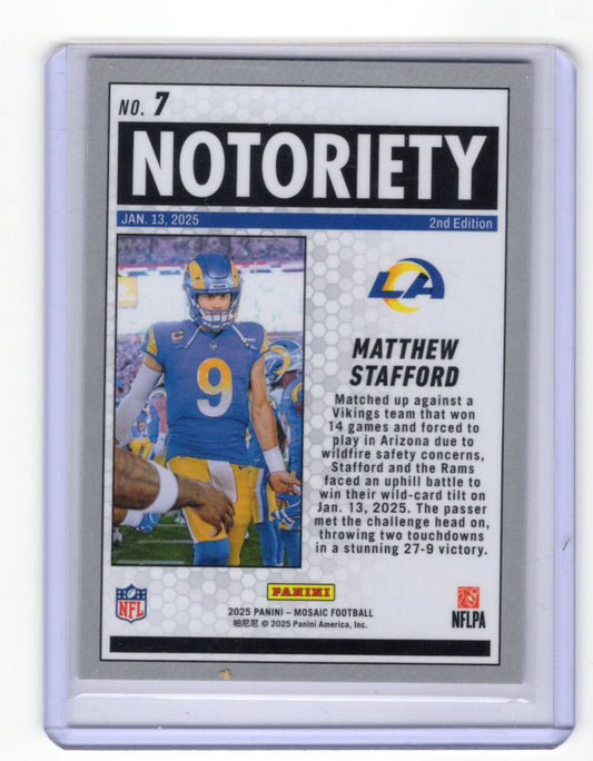 2025 Panini Mosaic Matthew Stafford Card Notoriety Mosaic Los Angeles Rams #7