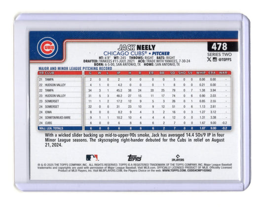 2025 Topps Jack Neely Card Rookie Chicago Cubs #478