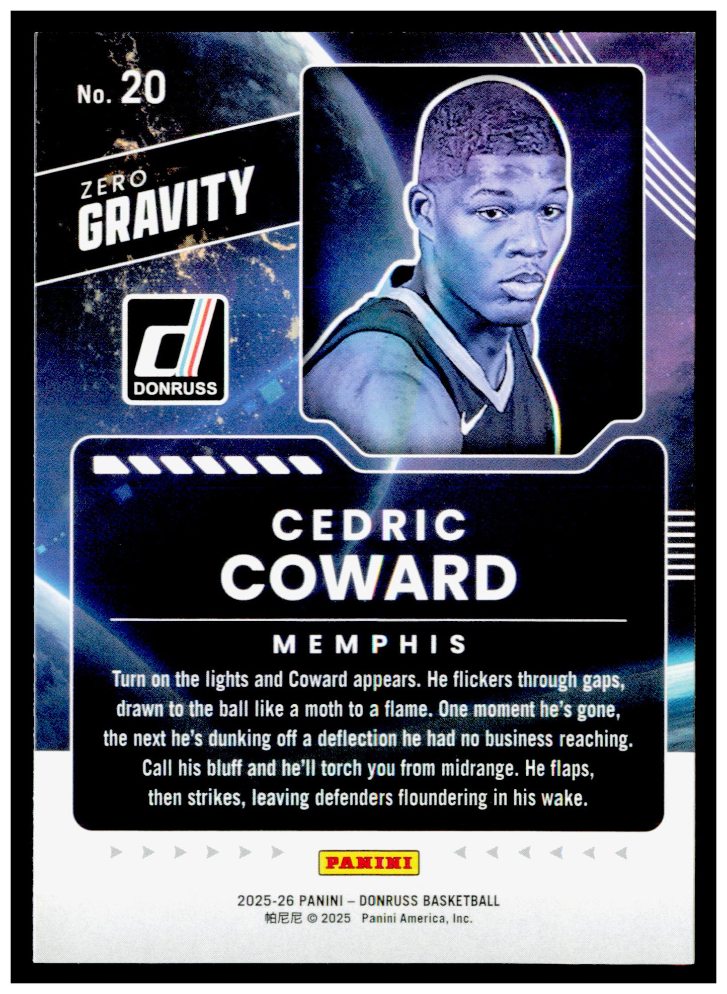 2025-26 Donruss Cedric Coward Card Zero Gravity Memphis Grizzlies #20