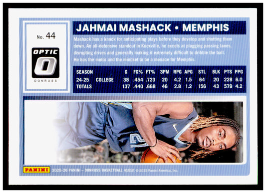 2025-26 Donruss Jahmai Mashack Card Optic Memphis Grizzlies #44