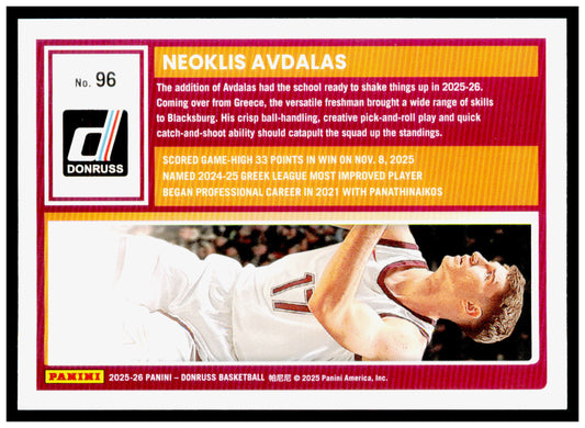 2025-26 Donruss Neoklis Avdalas Card Virginia Tech Hokies #96