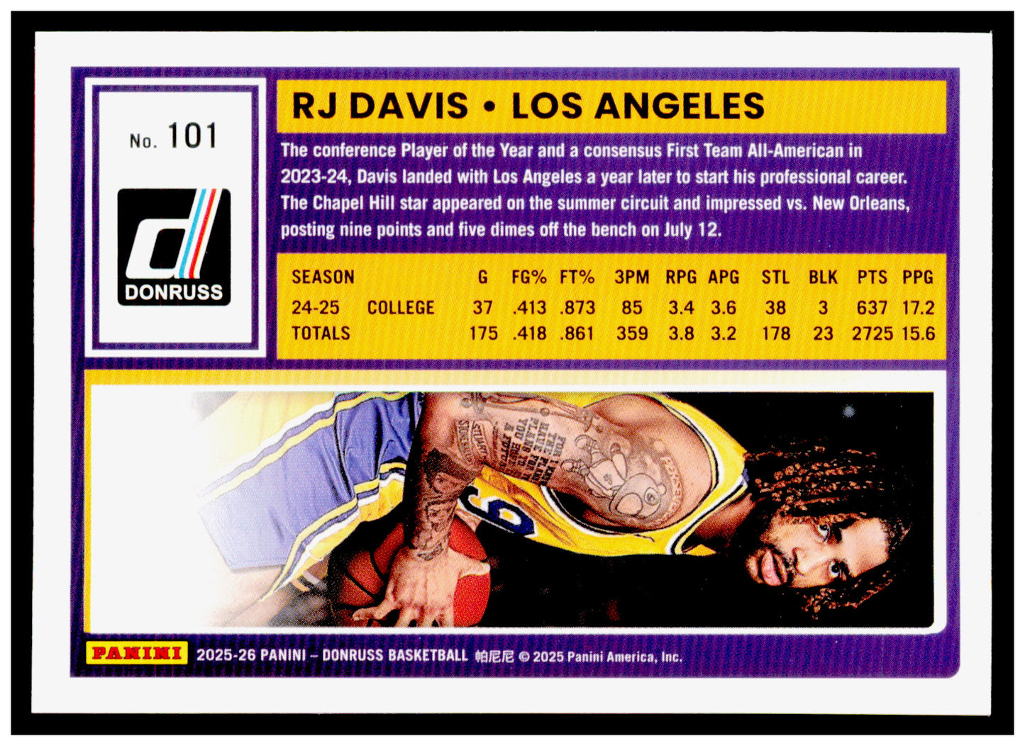 2025-26 Donruss RJ Davis Card Los Angeles Lakers #101
