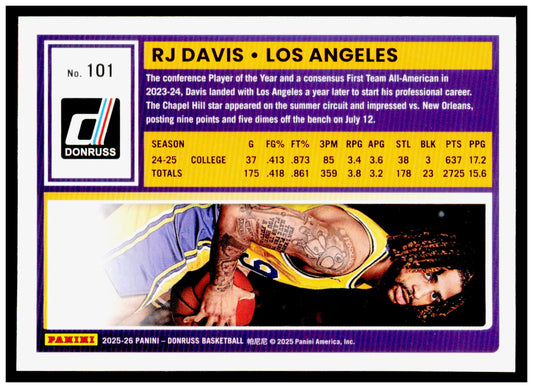 2025-26 Donruss RJ Davis Card Los Angeles Lakers #101