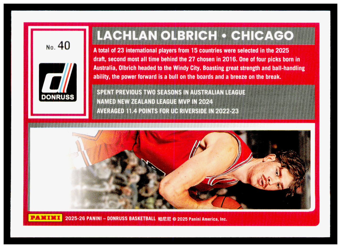 2025-26 Donruss Lachlan Olbrich Card Chicago Bulls #40