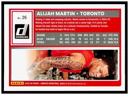 2025-26 Donruss Alijah Martin Card Toronto Raptors #26