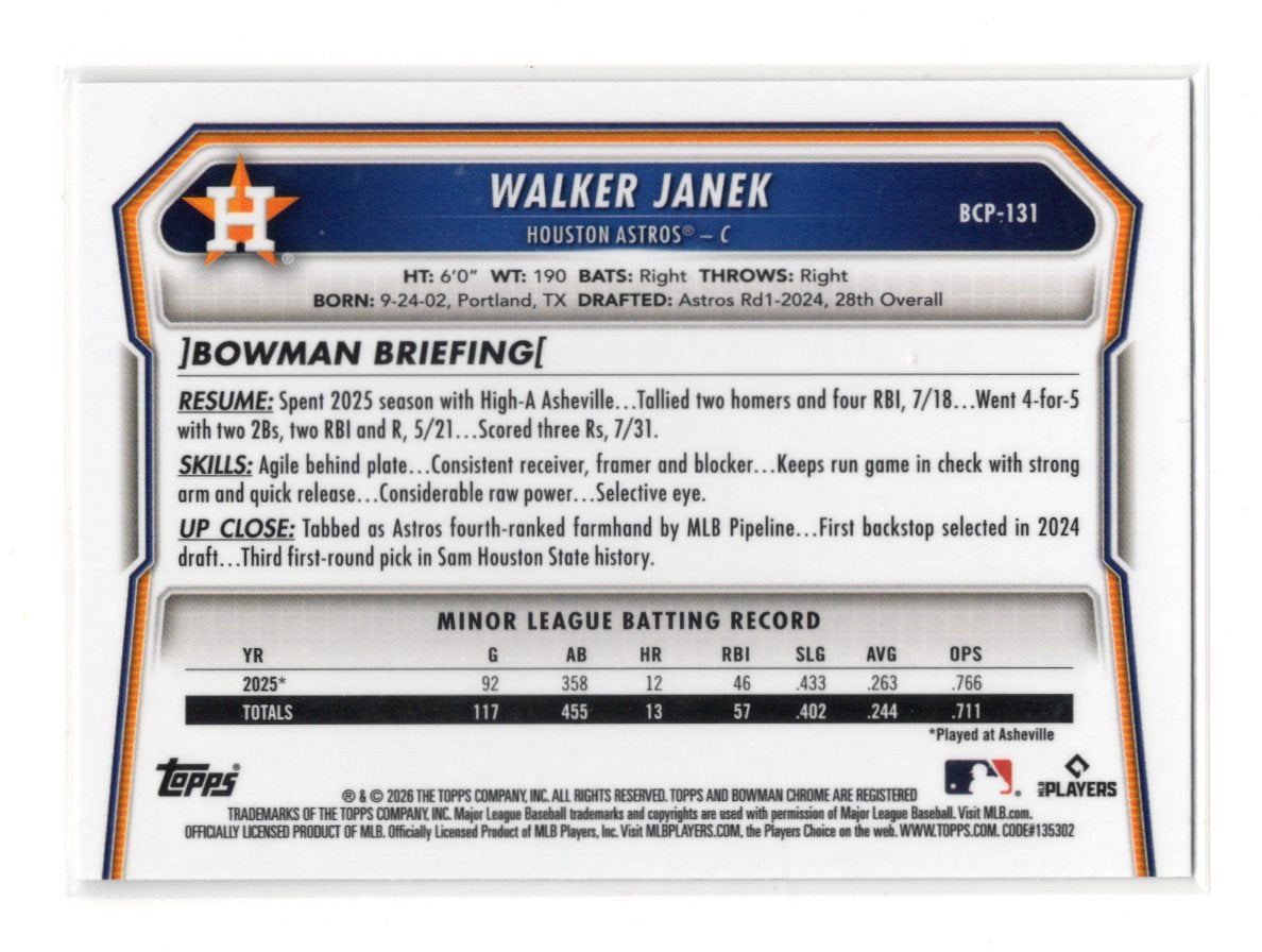 2026 Bowman Walker Janek Card Chrome Prospects Houston Astros #BCP-131