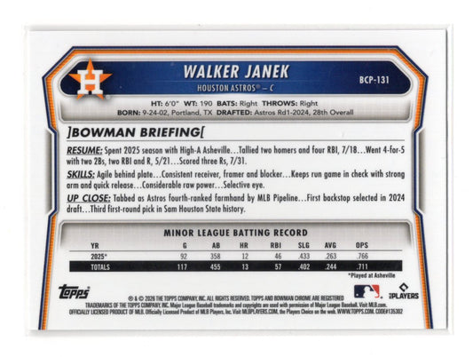 2026 Bowman Walker Janek Card Chrome Prospects Houston Astros #BCP-131