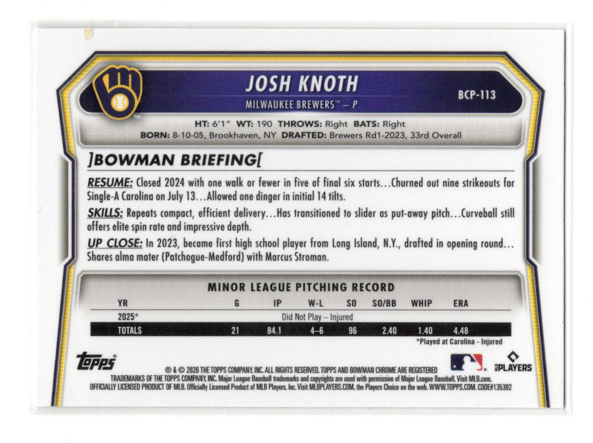 2026 Bowman Josh Knoth Card Chrome Prospects Milwaukee Brewers #BCP-113