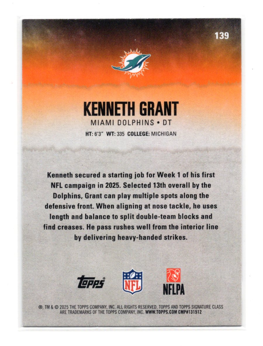 2025 Topps Signature Class Kenneth Grant Card Green & Purple Rookie Dolphins