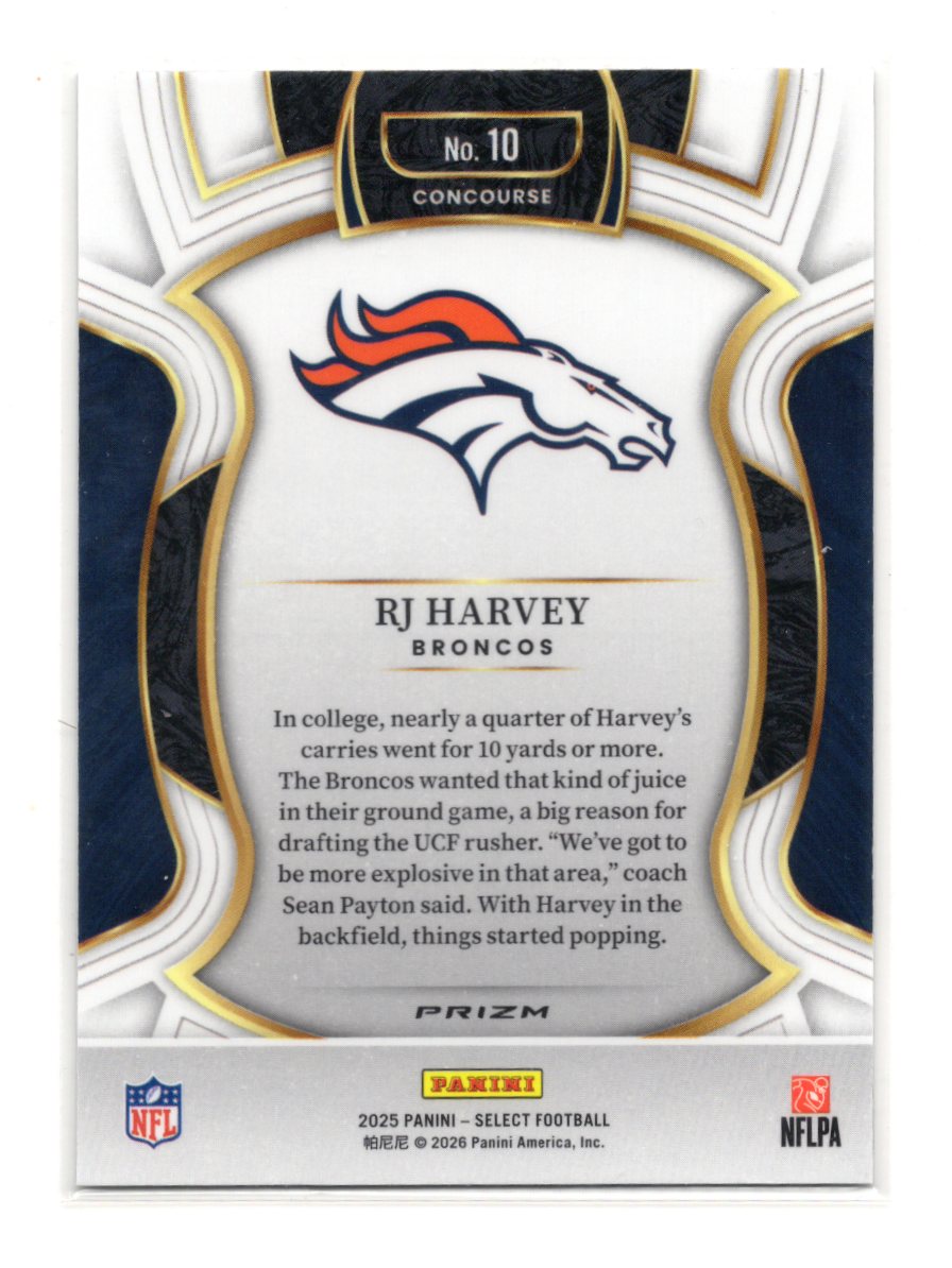 2025 Panini Select RJ Harvey Card Silver Prizm Shock Denver Broncos #10