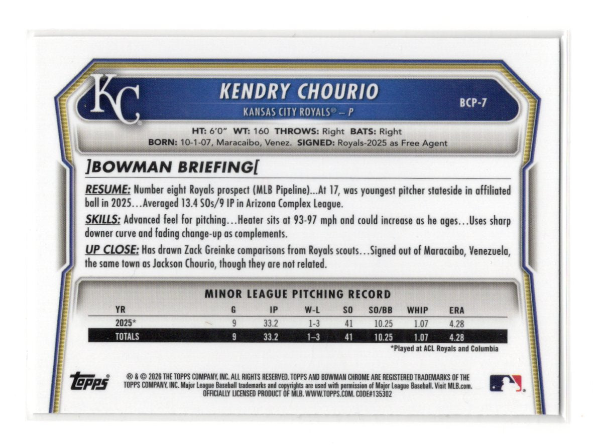2026 Bowman Kendry Chourio Card Chrome Prospects Kansas City Royals #BCP-7