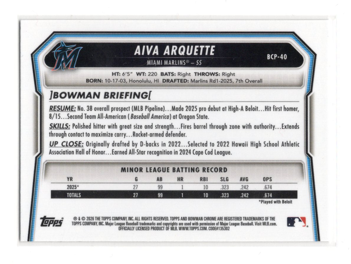 2026 Bowman Aiva Arquette Card Chrome Prospects Miami Marlins