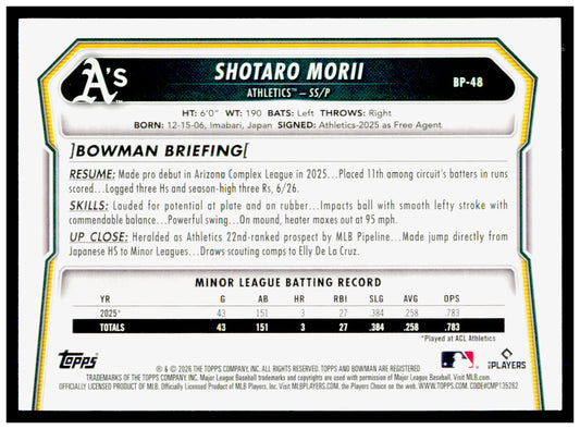 2026 Bowman Shotaro Morii Card Prospects Athletics