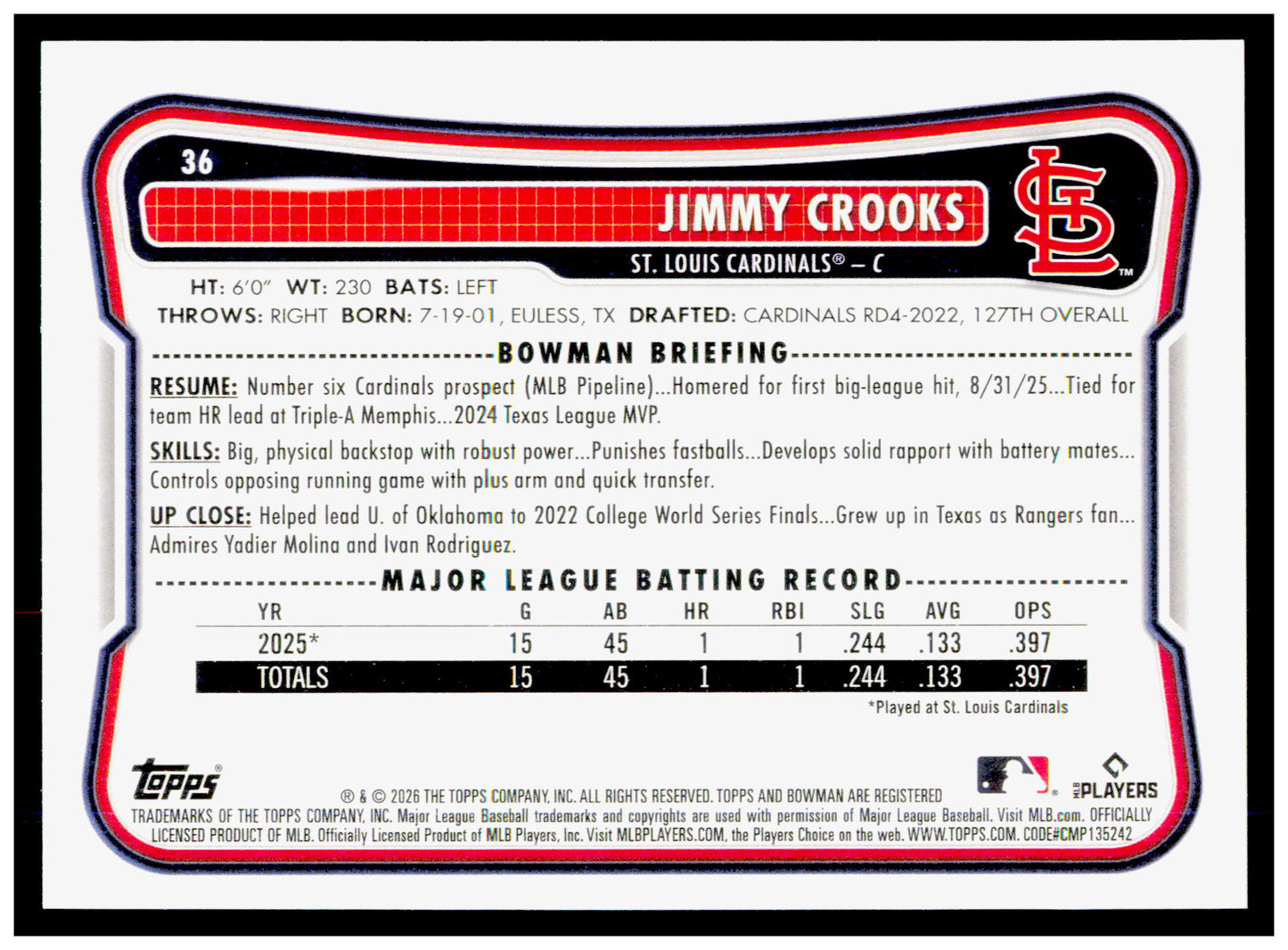 2026 Bowman Jimmy Crooks Card Rookie St. Louis Cardinals