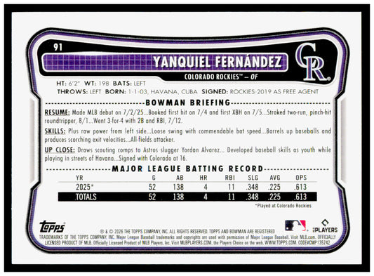2026 Bowman Yanquiel Fernández Card Rookie Colorado Rockies