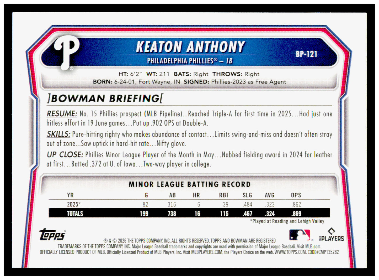2026 Bowman Keaton Anthony Card Prospects Philadelphia Phillies