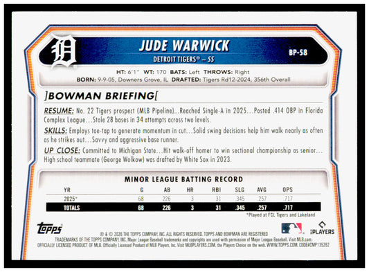 2026 Bowman Jude Warwick Card Prospects Detroit Tigers