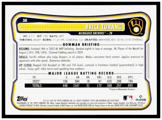 2026 Bowman Brice Turang Card Milwaukee Brewers