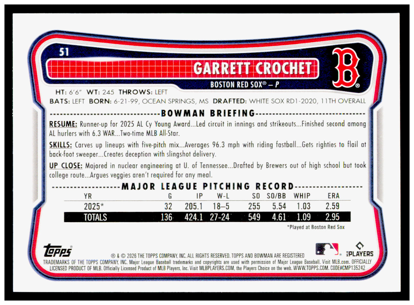 2026 Bowman Garrett Crochet Card Boston Red Sox