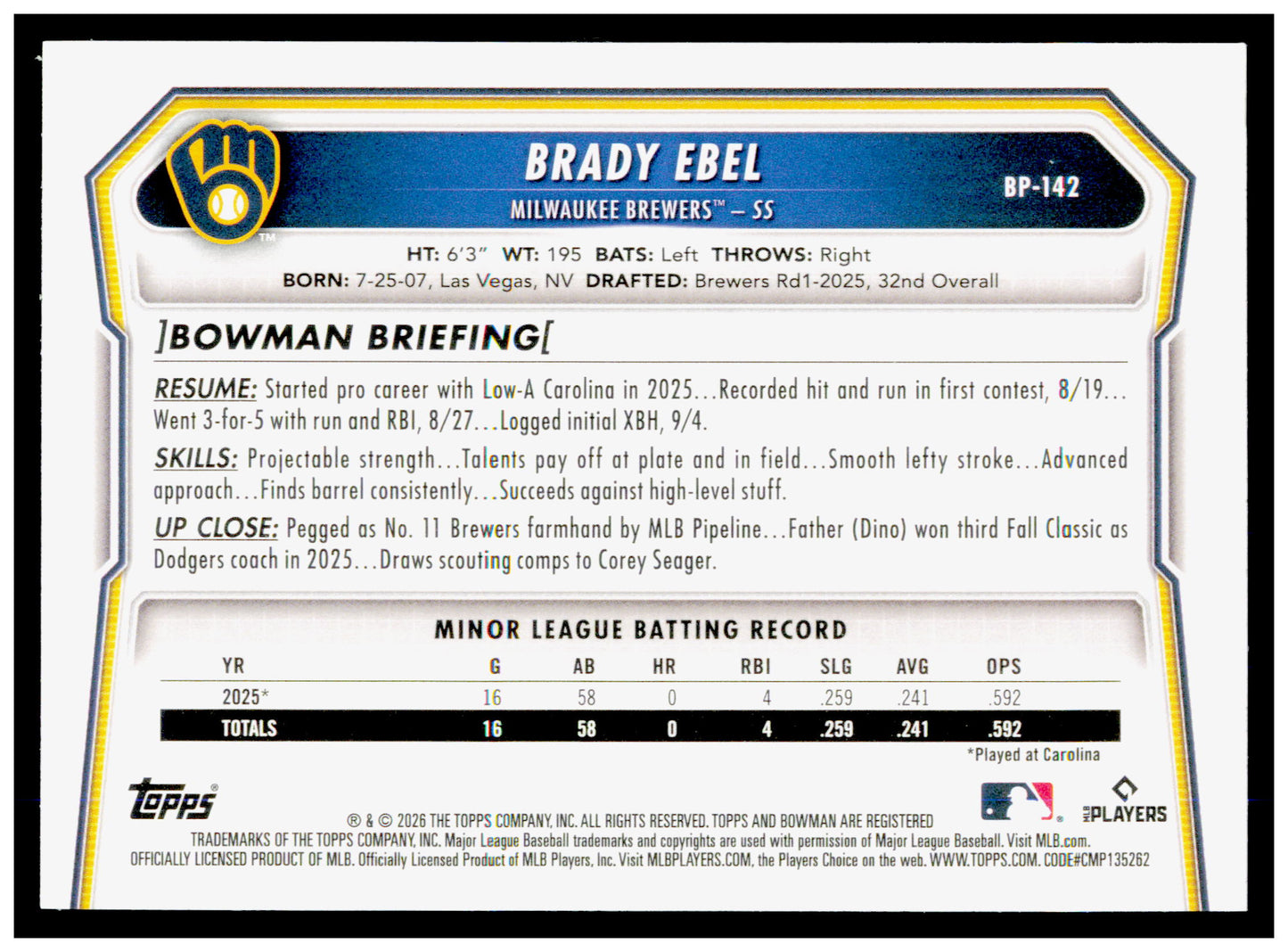 2026 Bowman Brady Ebel Card Prospects Milwaukee Brewers