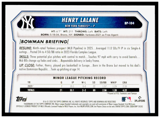 2026 Bowman Henry Lalane Card Prospects New York Yankees