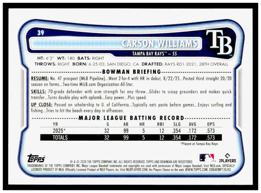2026 Bowman Carson Williams Card Rookie Tampa Bay Rays