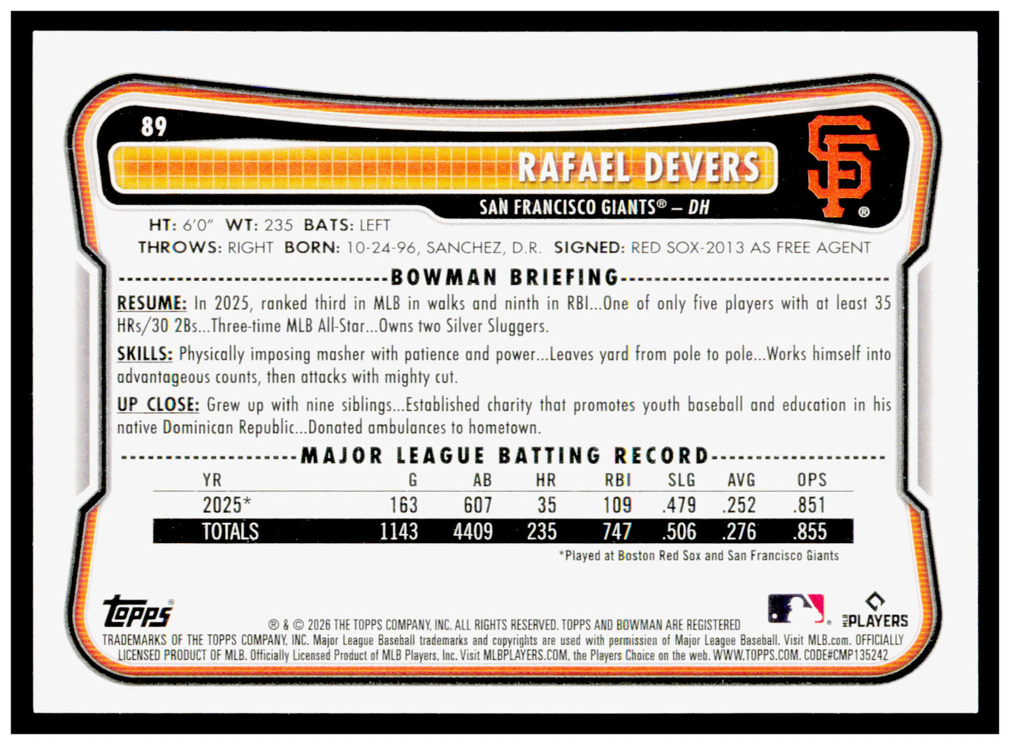 2026 Bowman Rafael Devers Card San Francisco Giants