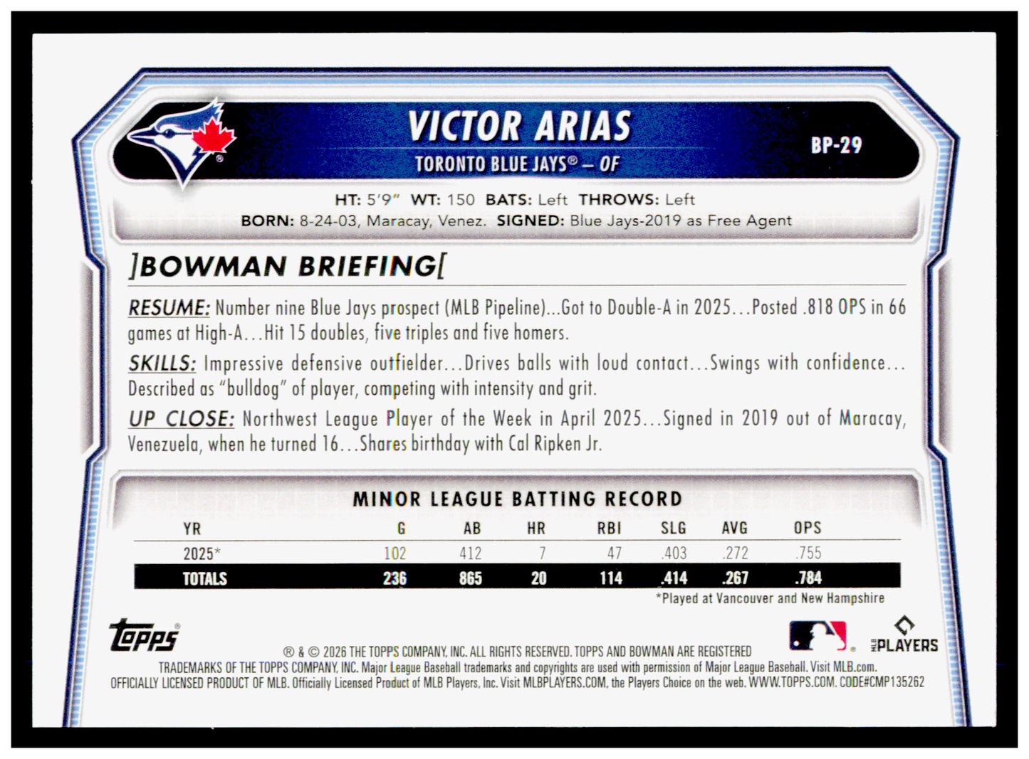 2026 Bowman Victor Arias Card Prospects Toronto Blue Jays
