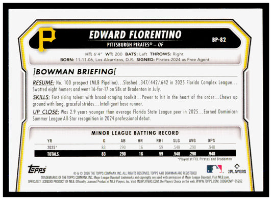 2026 Bowman Edward Florentino Card Prospects Pittsburgh Pirates