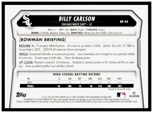 2026 Bowman Billy Carlson Card Prospects Chicago White Sox