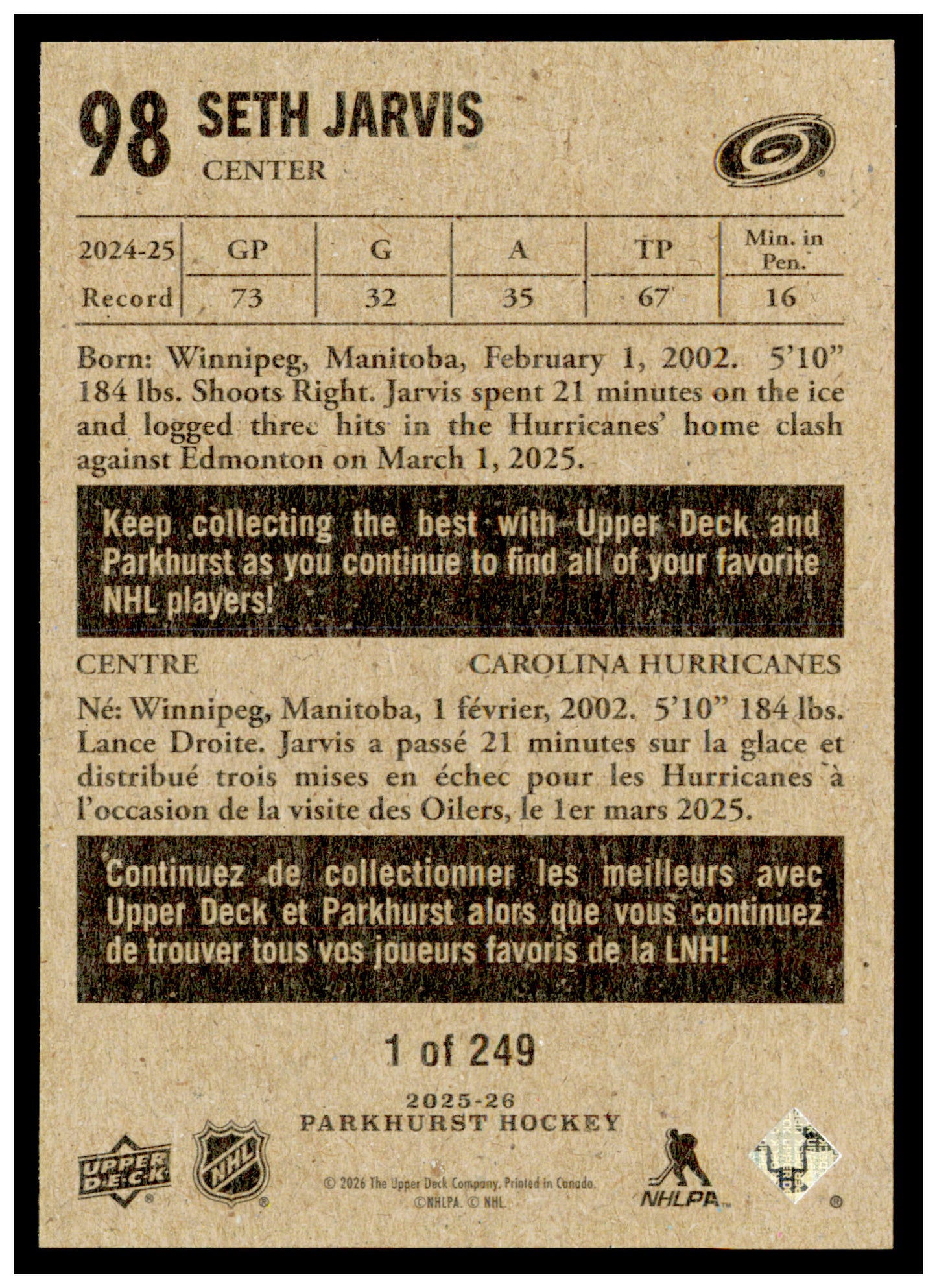 2025-26 Parkhurst Seth Jarvis Card 1954-55 Retros SN Carolina Hurricanes