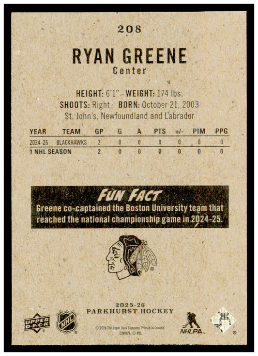 2025-26 Parkhurst Ryan Greene Card Rookie Chicago Blackhawks