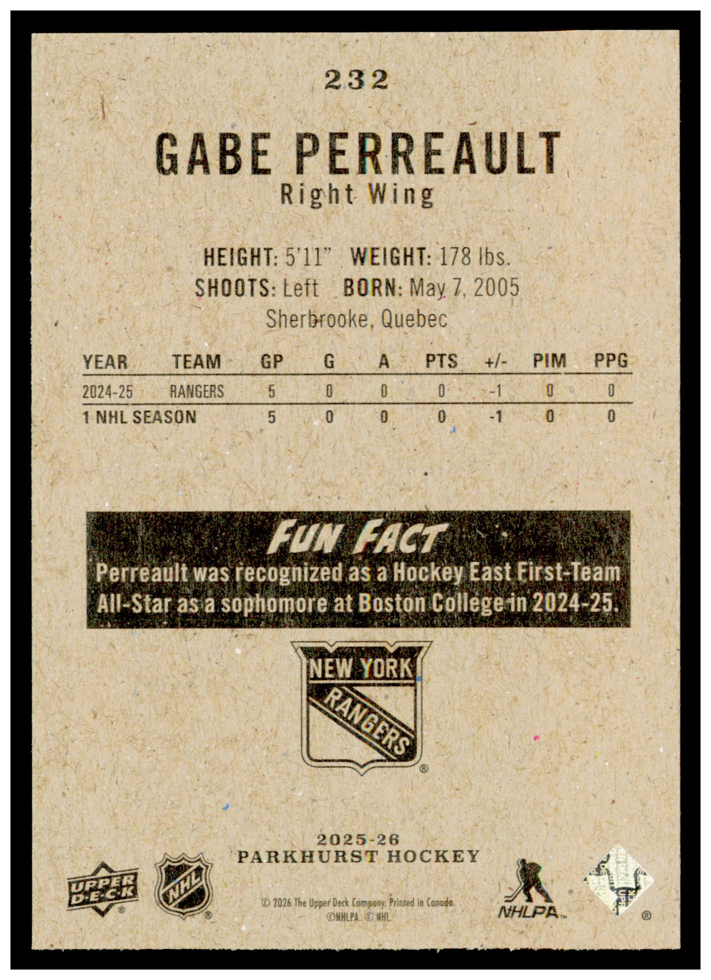2025-26 Parkhurst Gabe Perreault Card Rookie New York Rangers