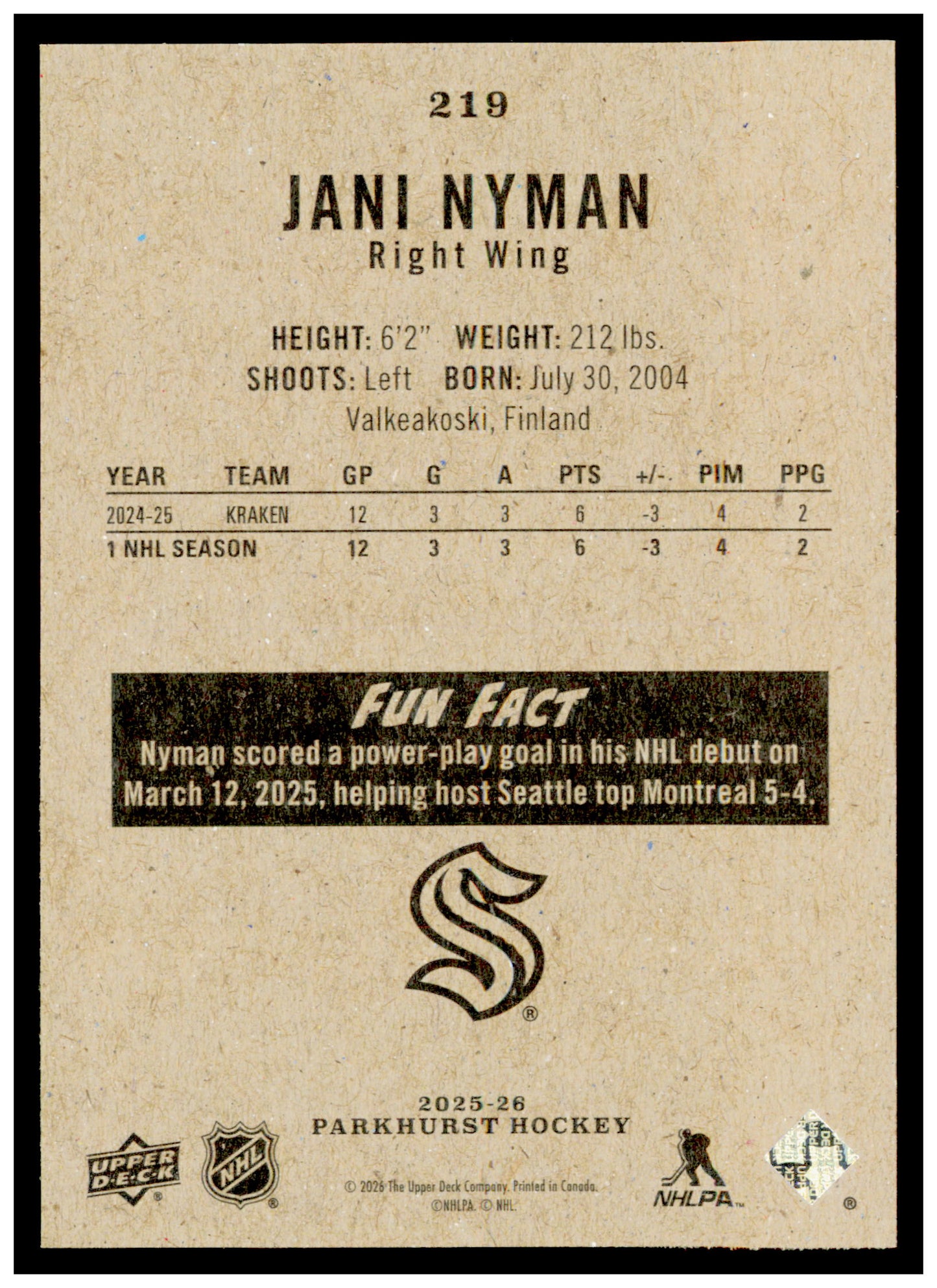 2025-26 Parkhurst Jani Nyman Card Rookie Seattle Kraken