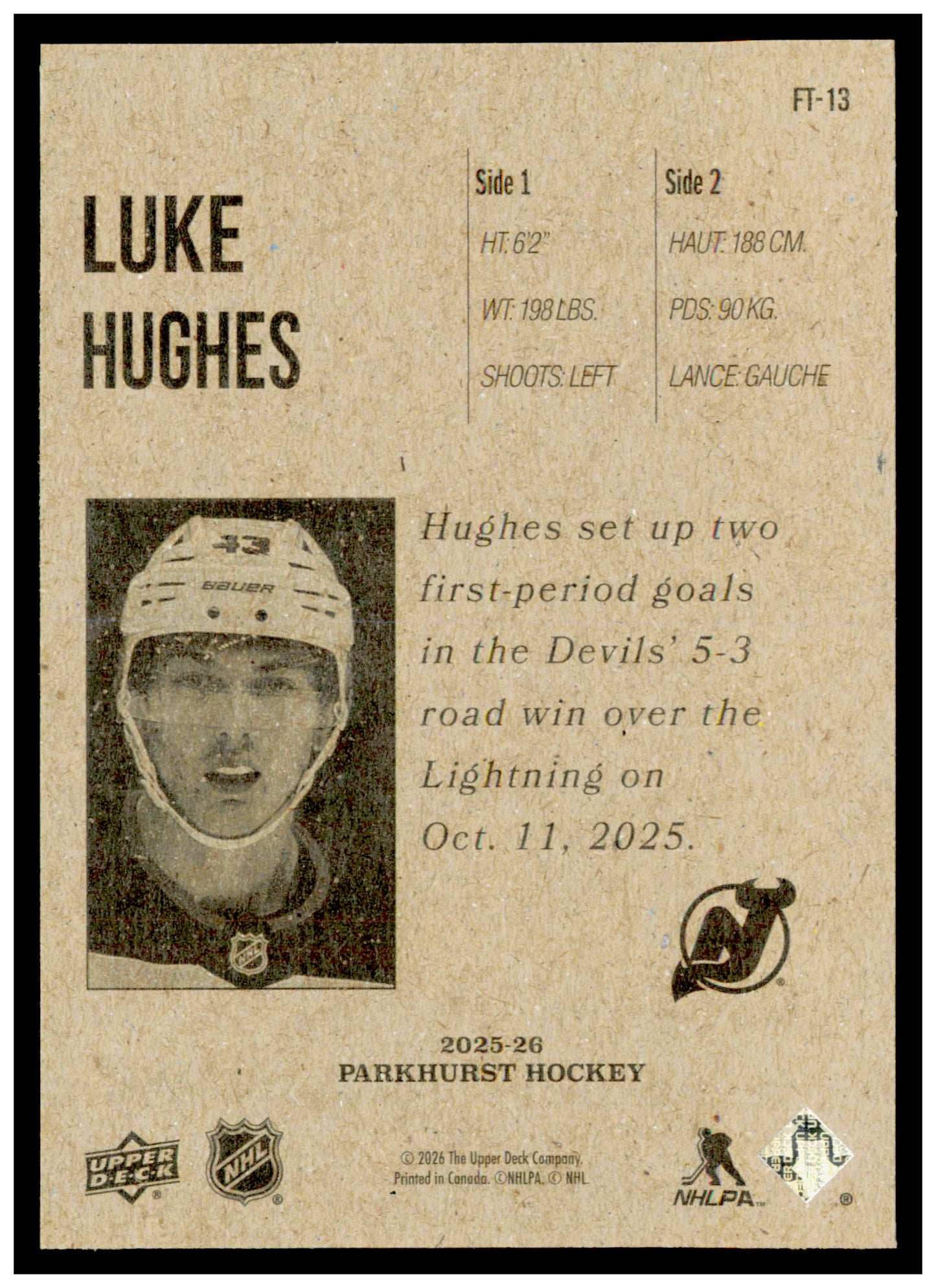 2025-26 Parkhurst Luke Hughes Card Fifties Throwbacks New Jersey Devils