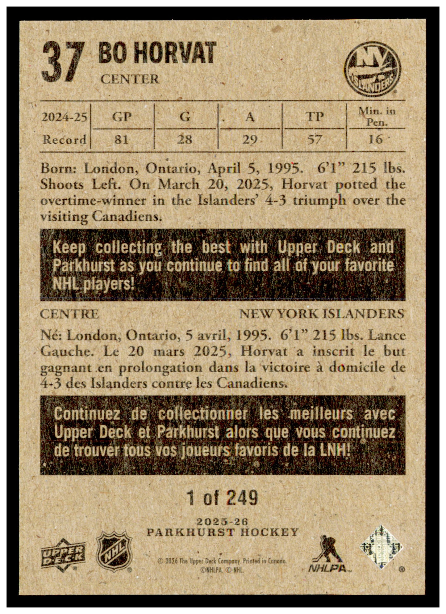 2025-26 Parkhurst Bo Horvat Card 1954-55 Retros New York Islanders