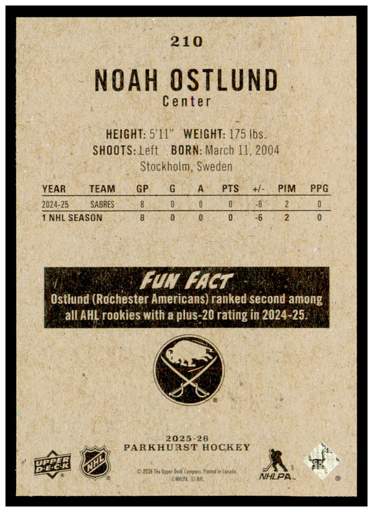 2025-26 Parkhurst Noah Ostlund Card Rookie Buffalo Sabres