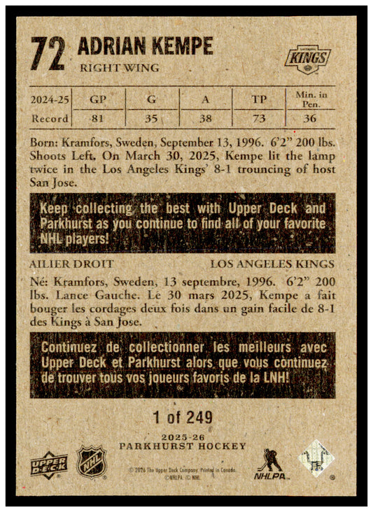 2025-26 Parkhurst Adrian Kempe Card 1954-55 Retros Los Angeles Kings