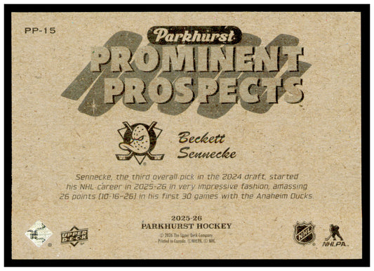 2025-26 Parkhurst Beckett Sennecke Card Prominent Prospects Anaheim Ducks