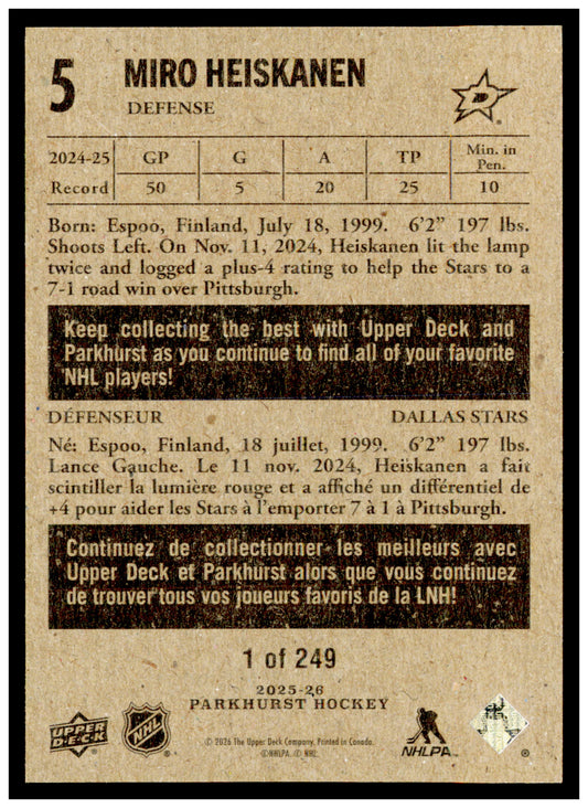 2025-26 Parkhurst Miro Heiskanen Card 1954-55 Retros Dallas Stars