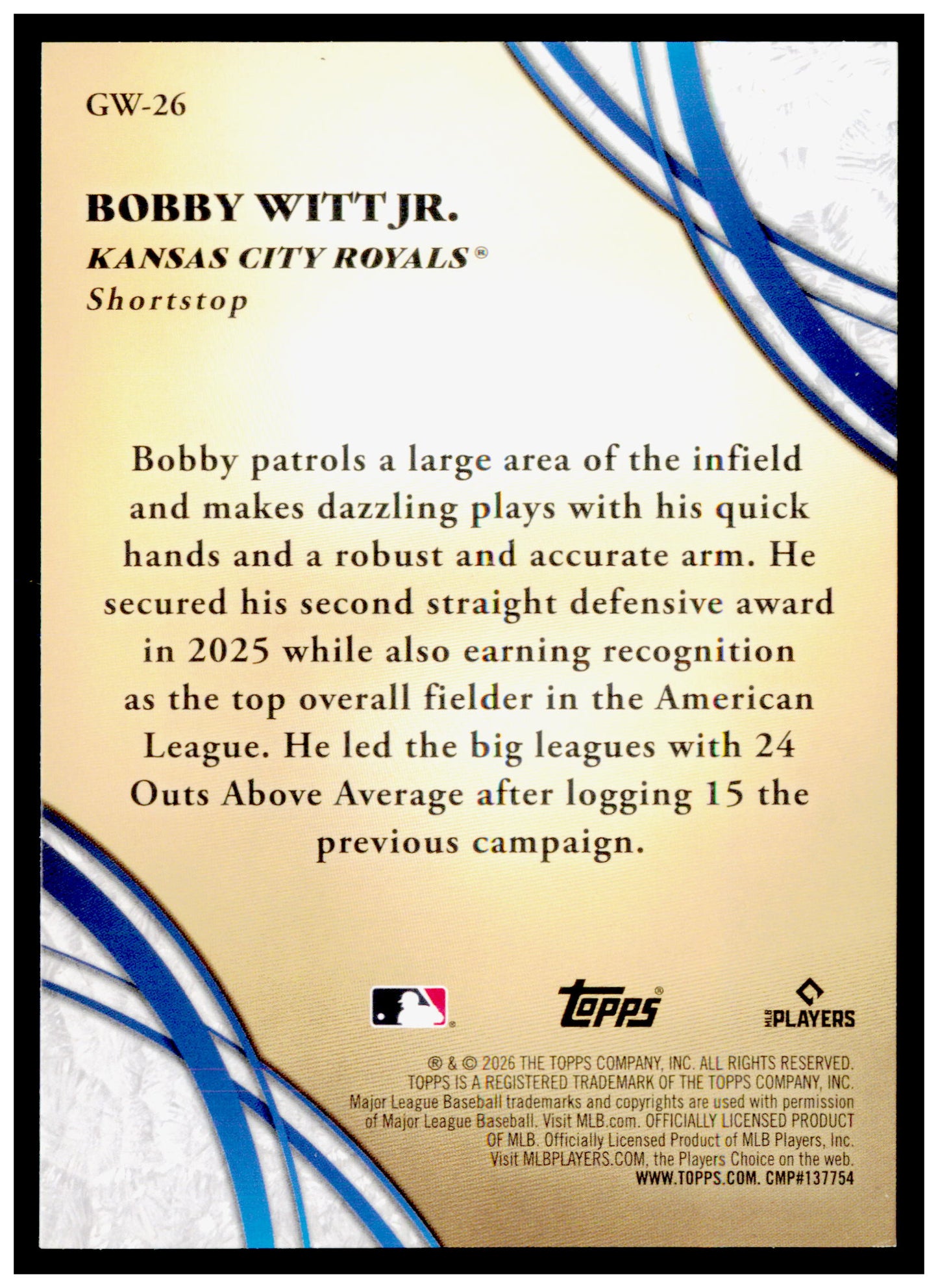 2026 Topps Bobby Witt Jr. Card Glove Work Kansas City Royals