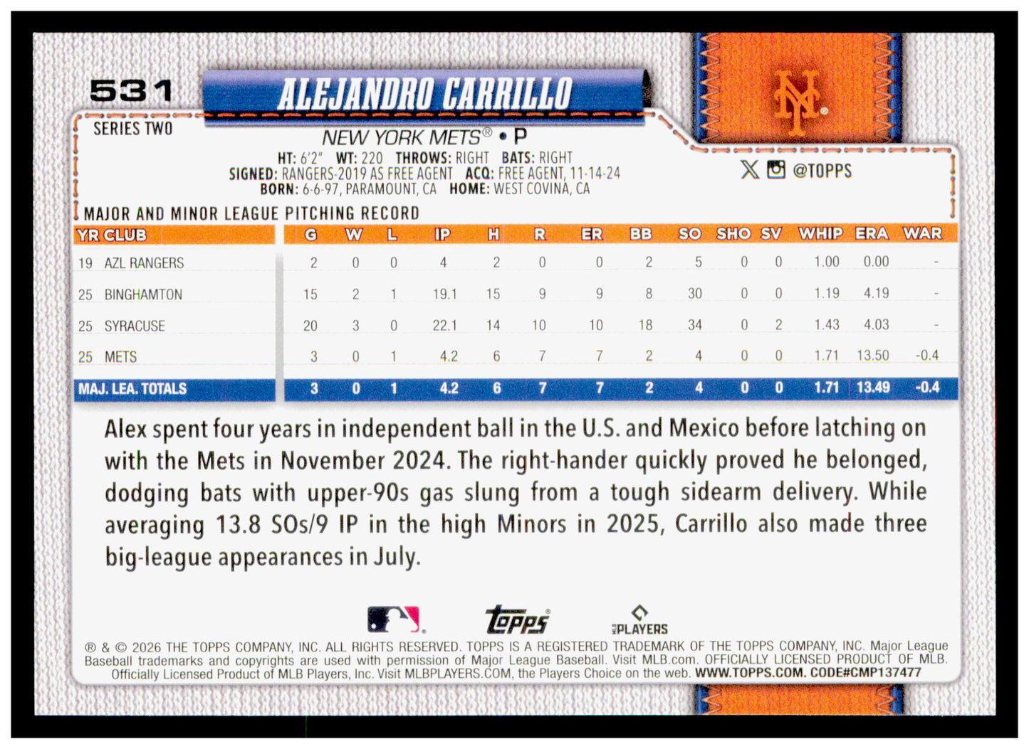2026 Topps Alejandro Carrillo Card Gold SN New York Mets