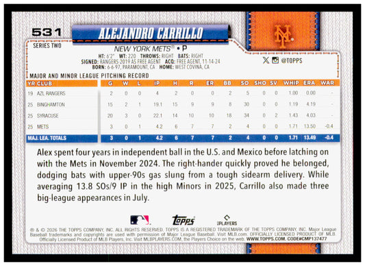 2026 Topps Alejandro Carrillo Card Gold SN New York Mets