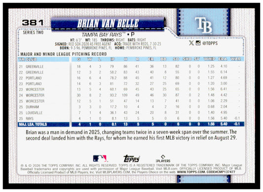2026 Topps Brian Van Belle Card Rookie Tampa Bay Rays