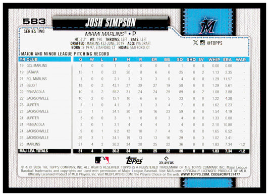 2026 Topps Josh Simpson Card Rookie Miami Marlins