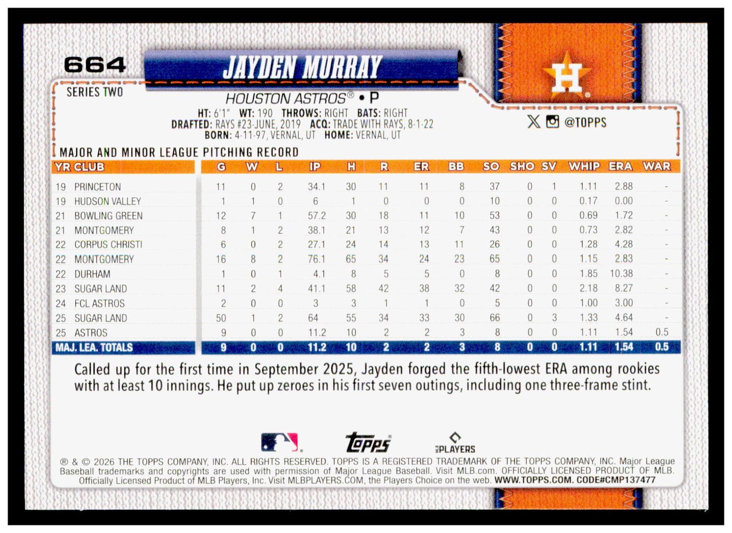 2026 Topps Jayden Murray Card Rookie Houston Astros